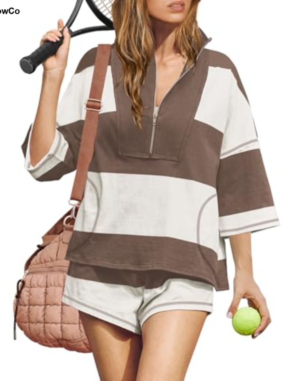 Women's Striped Workout Two-Piece Set Zip Up Tee Wide Leg Shorts